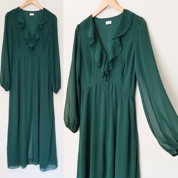 Aritzia Wilfred Millie Dress 8 Forest Green Romantic Ruffle Chiffon Maxi Slit - Picture 5 of 16